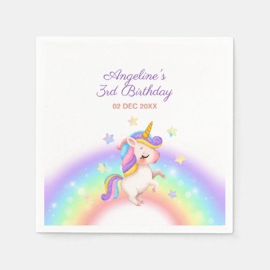 Magical Day Rainbow Stars Unicorn Birthday スタンダードカクテルナプキン (正面)