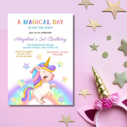 Magical Day Rainbow Stars Unicorn Birthday  招待状