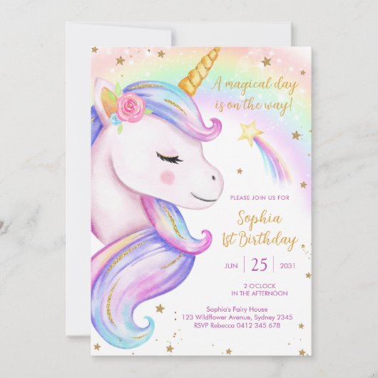 Magical Day Unicorn and Rainbows Birthday 招待状 (正面)