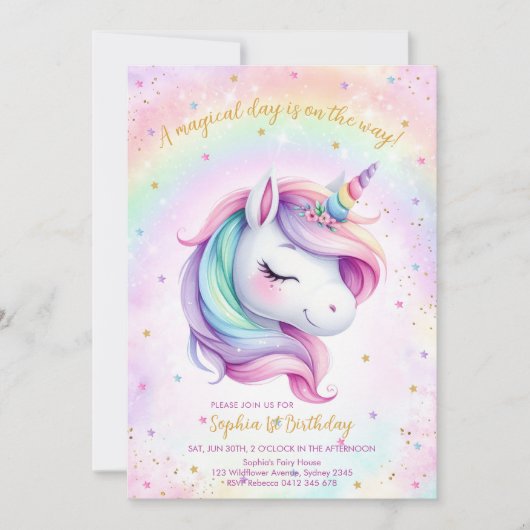 Magical Day Unicorn and Rainbows Birthday 招待状 (正面)