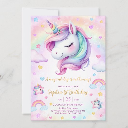 Magical Day Unicorn and Rainbows Birthday 招待状 (正面)