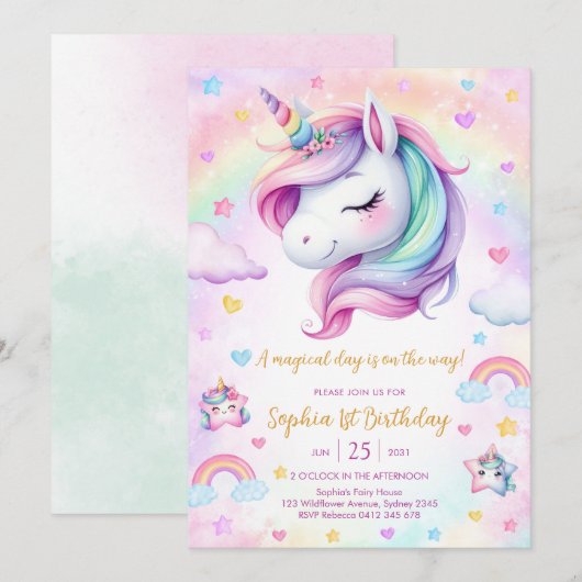 Magical Day Unicorn and Rainbows Birthday 招待状 (正面/裏面)