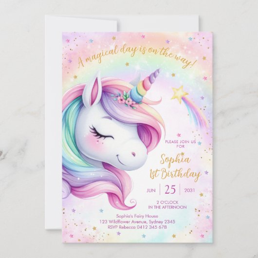 Magical Day Unicorn and Rainbows Birthday 招待状 (正面)