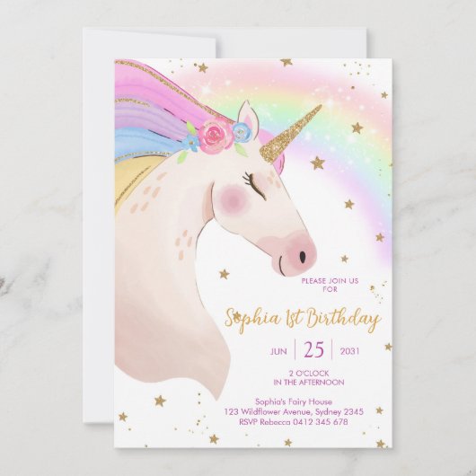 Magical Day Unicorn and Rainbows Birthday 招待状 (正面)
