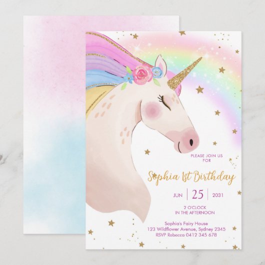 Magical Day Unicorn and Rainbows Birthday 招待状 (正面/裏面)