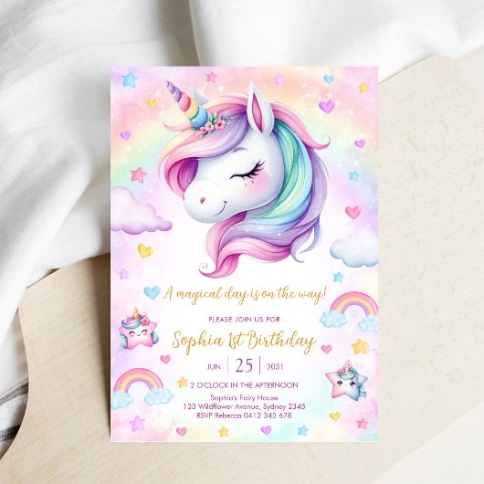 Magical Day Unicorn and Rainbows Birthday 招待状