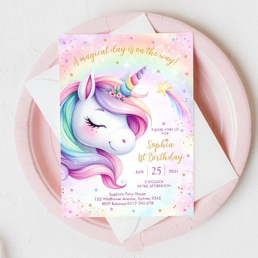 Magical Day Unicorn and Rainbows Birthday 招待状