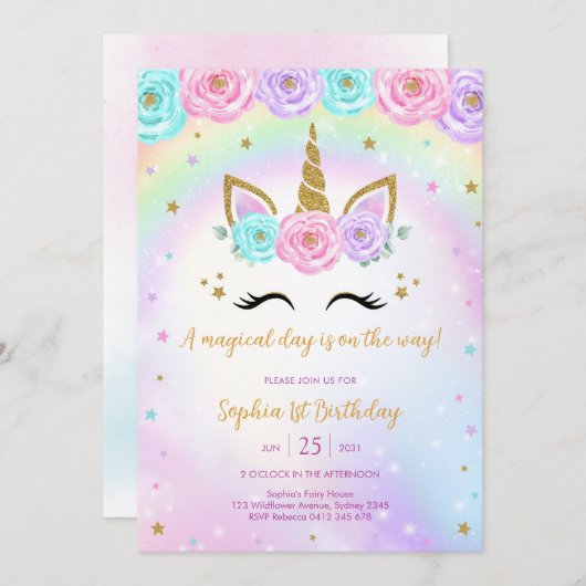 Magical Day Unicorn and Rainbows Birthday 招待状 (正面/裏面)