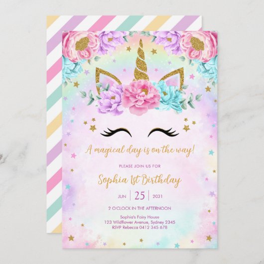 Magical Day Unicorn and Rainbows Birthday 招待状 (正面/裏面)