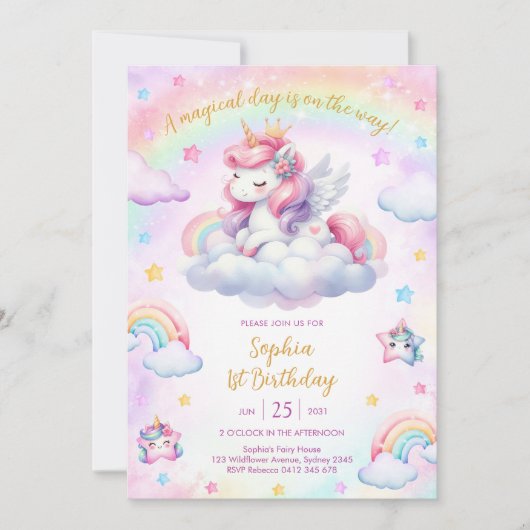 Magical Day Unicorn and Rainbows Birthday 招待状 (正面)