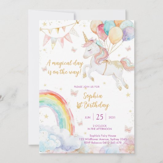 Magical Day Unicorn and Rainbows Birthday Invitati 招待状 (正面)