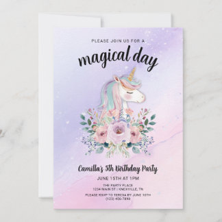 Magical Day Unicorns and Flowers Birthday Party 招待状