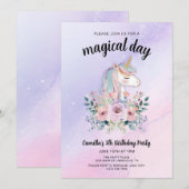 Magical Day Unicorns and Flowers Birthday Party 招待状 (正面/裏面)