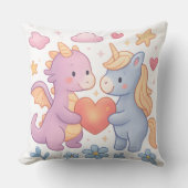 Magical Dragon and Unicorn Heart Throw Pillow クッション (正面)