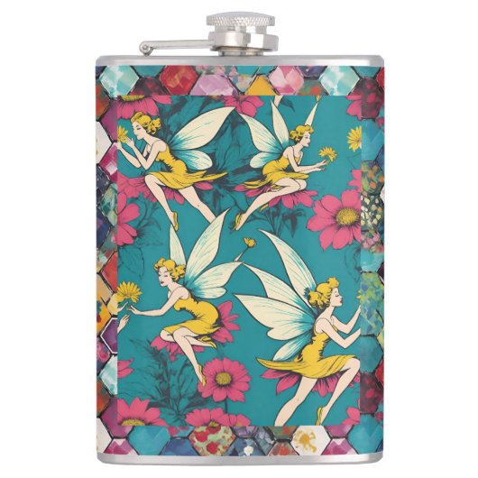 Magical Fairies And Floral Hexagon Patchwork フラスク (正面)
