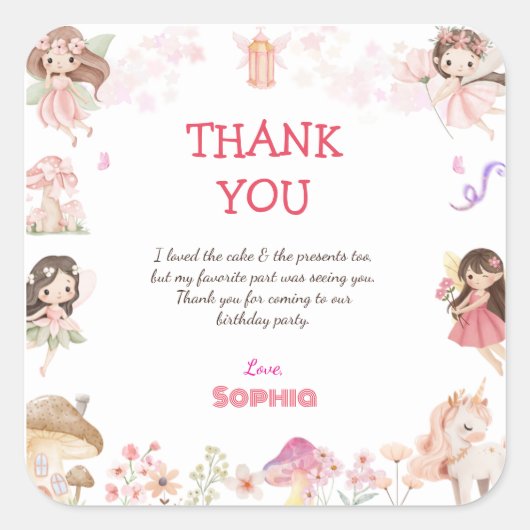 Magical Fairy First Birthday Thank You cards  スクエアシール (正面)