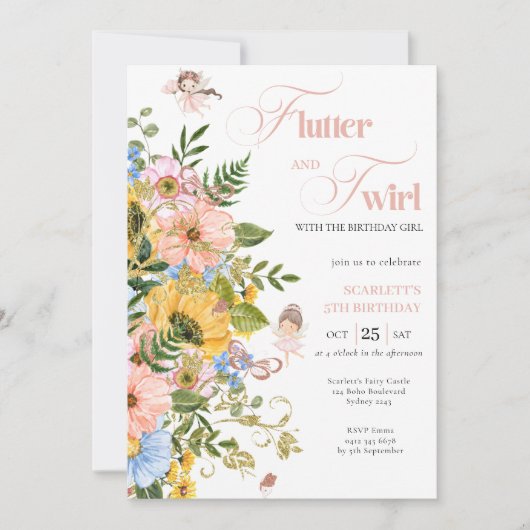 Magical Fairy Floral Garden Pixie Girls Birthday 招待状 (正面)
