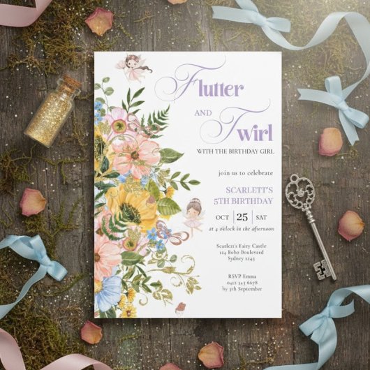 Magical Fairy Floral Garden Pixie Girls Birthday  招待状