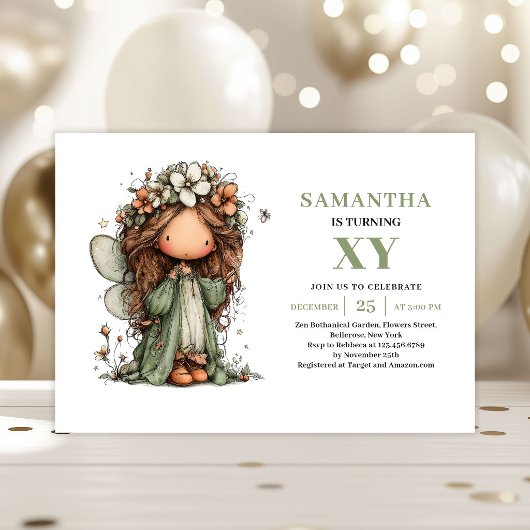 Magical Fairy Girl 3rd Birthday Sage Floral Invite 招待状