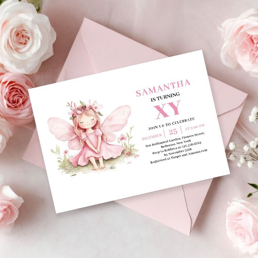 Magical Fairy Girl 7th Birthday Pink Floral invite 招待状