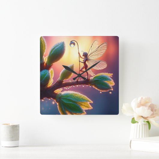 Magical fairy with dewdrop lantern on the branch スクエア壁時計 (ホーム)