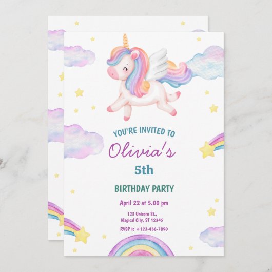 Magical Fairytale Unicorn Rainbow Clouds 招待状 (正面/裏面)