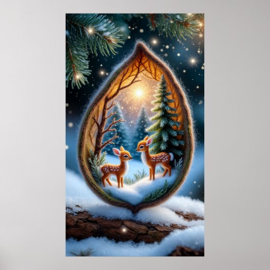 🦌 Magical Fawns in Snow Teardrop Scene ❄️🌟🌲✨ ポスター (正面)