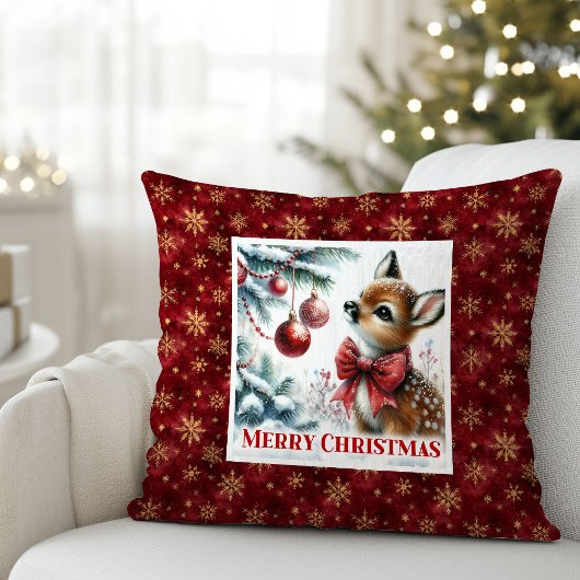 Magical festive scene baby fawn Christmas pillow  クッション