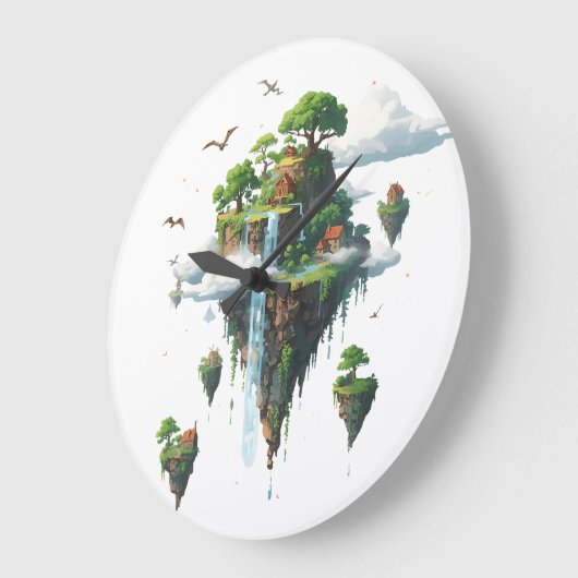 Magical Floating Islands with Trees, Birds & Drago ラージ壁時計 (傾斜)