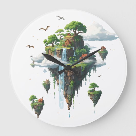 Magical Floating Islands with Trees, Birds & Drago ラージ壁時計 (正面)