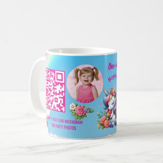 Magical Floral Unicon Kids Birthday Barcode Favor コーヒーマグカップ (正面左)