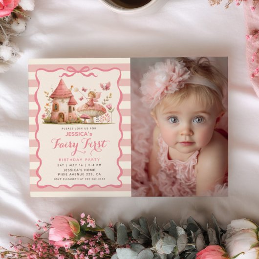 Magical Forest Pink Fairy ファーストバースデー 写真 招待状