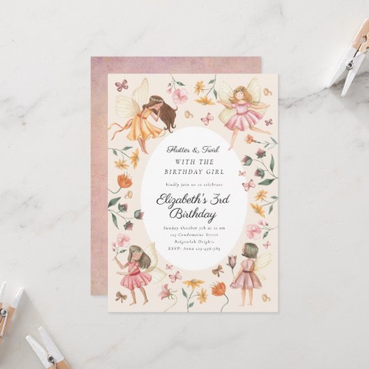 Magical Garden Floral Fairy Birthday Party 招待状 (正面/裏面インサイチュ)