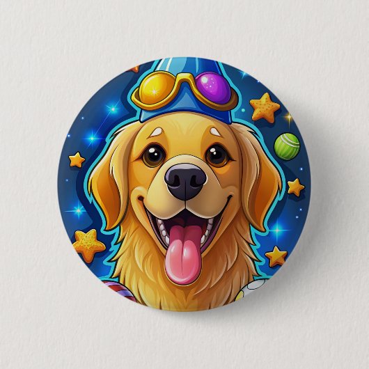 Magical Golden Retriever Puppy with Stars 缶バッジ (正面)
