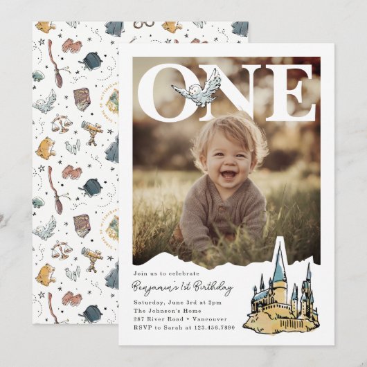 Magical Hogwarts Owl First PhotoPop Birthday  招待状 (正面/裏面)