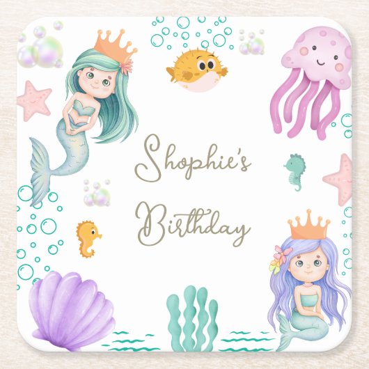 Magical Mermaid Birthday Party  スクエアペーパーコースター (正面)