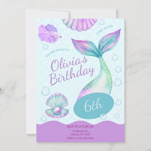 Magical Mermaid Under The Sea Birthday Party 招待状 (正面)