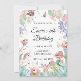 Magical Mermaids Unicorns Rainbows Kids Birthday 招待状