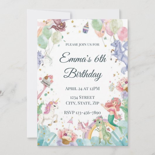 Magical Mermaids Unicorns Rainbows Kids Birthday 招待状 (正面)