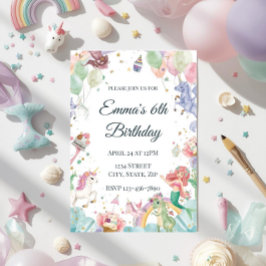 Magical Mermaids Unicorns Rainbows Kids Birthday 招待状