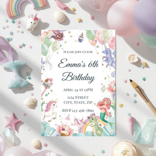 Magical Mermaids Unicorns Rainbows Kids Birthday 招待状