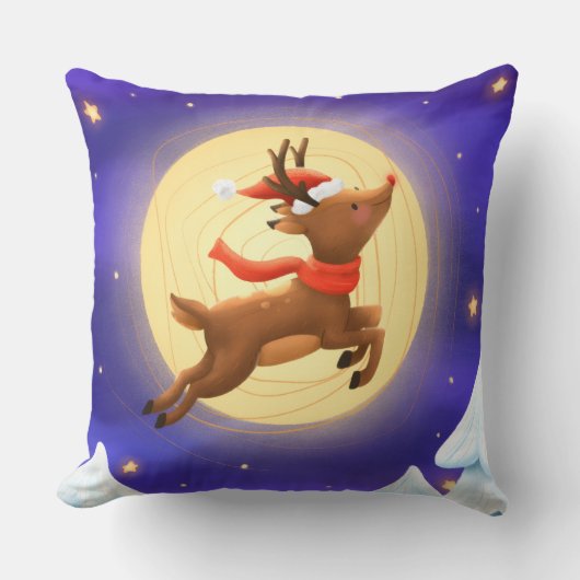 Magical Moonlit Reindeer Throw Pillow クッション (正面)