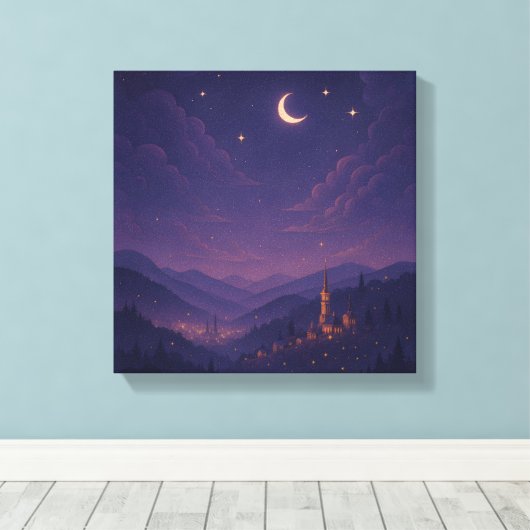 Magical Moonlit Village Nightscape キャンバスプリント (インサイチュ (ウッドフロア))