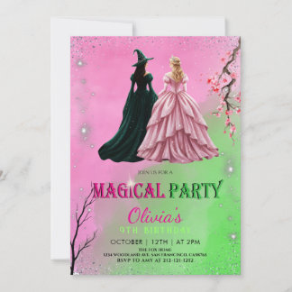 Magical party green witch and pink witch birthday 招待状