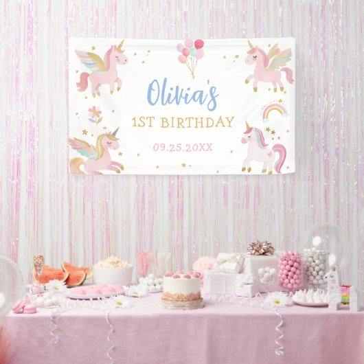 Magical Pastel Unicorn Rainbow Birthday Party  横断幕 (パーティー)