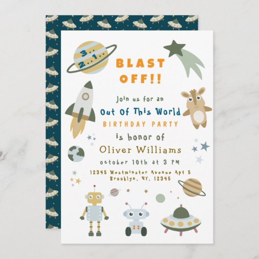 Magical Personalized Space Birthday Party Invite 招待状 (正面/裏面)