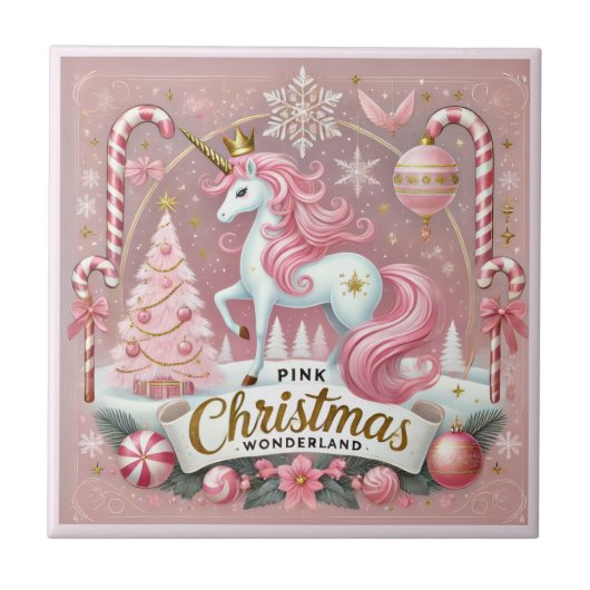 Magical Pink Christmas Wonderland Unicorn タイル (正面)
