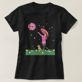 Magical Pink Moon & Dog Walk Watercolor レディースTシャツ Tシャツ