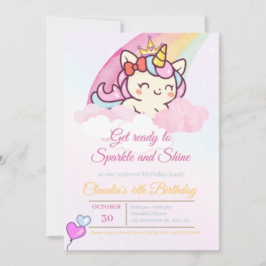Magical Pink Unicorn Birthday Card for Girls サンキューカード (正面)