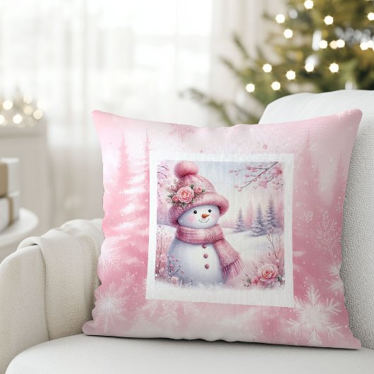 Magical Pink Winter Pillow Cute Snowman Style クッション